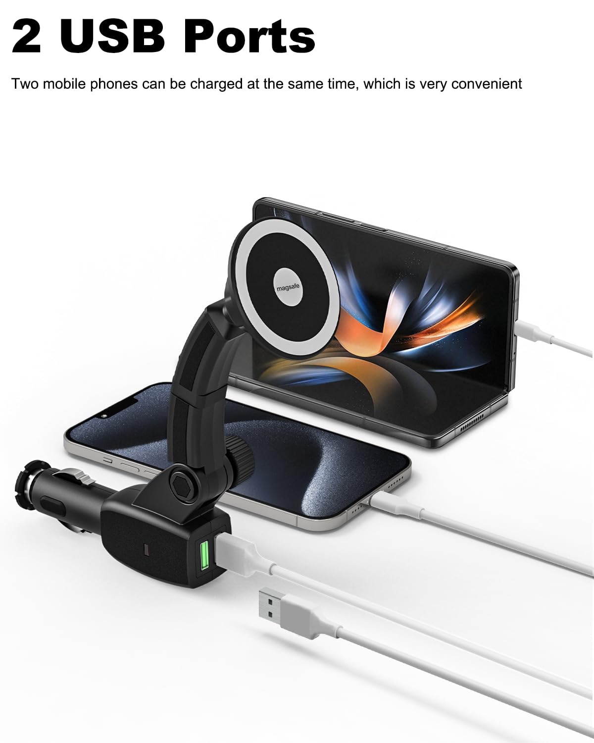 MagSafe - Supporto magnetico per auto con presa accendisigari, caricatore doppio USB, ricarica rapida da 18 W, per iPhone 15, 14, 13, Android e tutti gli smartphone