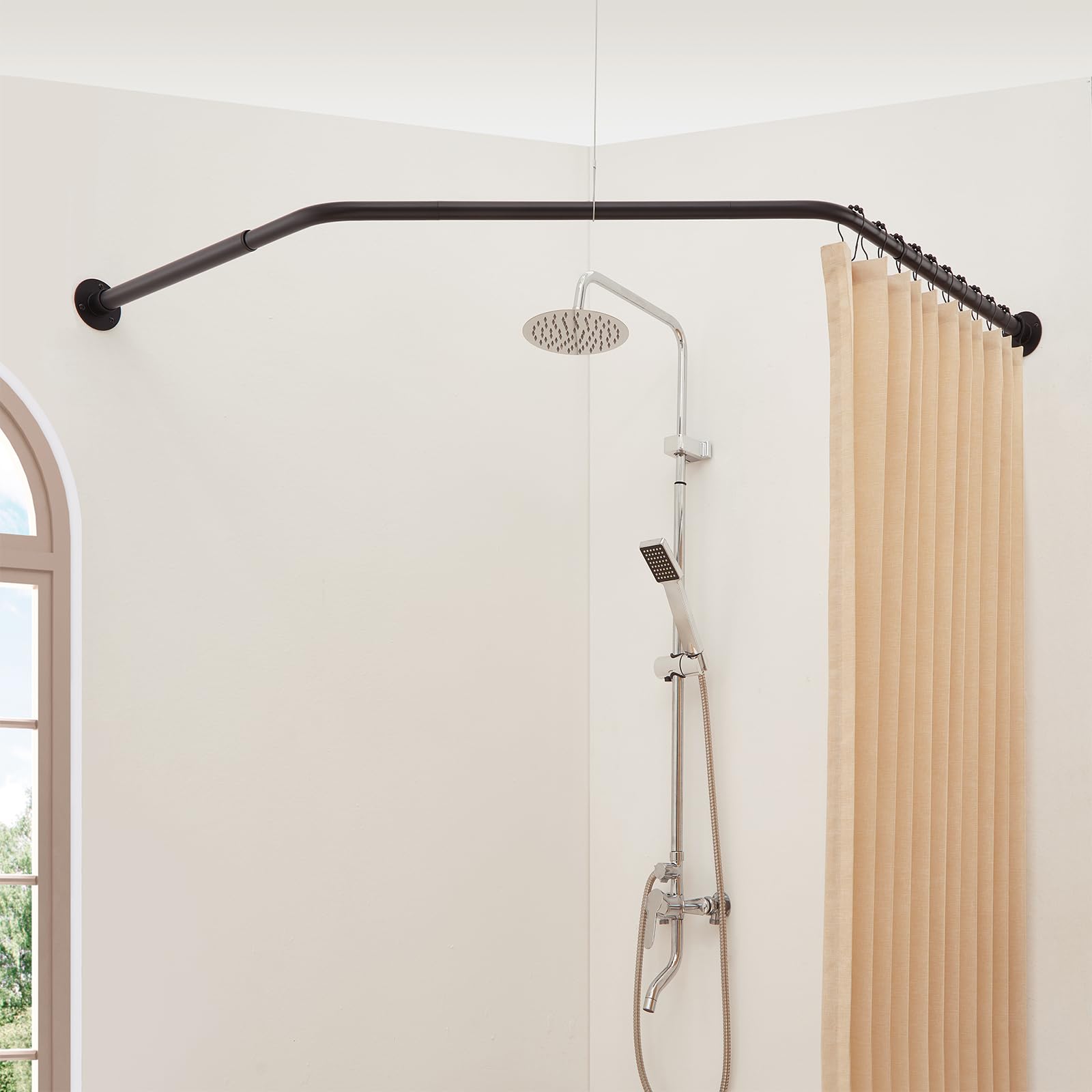 Photo 1 of Mirooyu Corner Shower Curtain Rod, Diamond Shaped [Both Sides: 22"-34.8", Middle: 28"/43.7"/12.2"] Heavy Duty NEO Angle Shower Pole for Bathroom Bathtub with 12 Hooks & Ceiling Support - Matte Black
