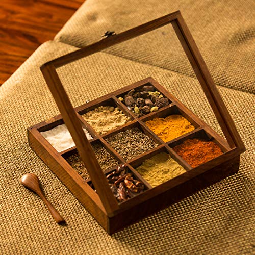 ExclusiveLane Spice Box with Spoon in Sheesham Wood - Masala Dabba Spice Box Spice Rack Container Spice Organizer Spice Jars Storage Kitchen Box Ancient Cookware