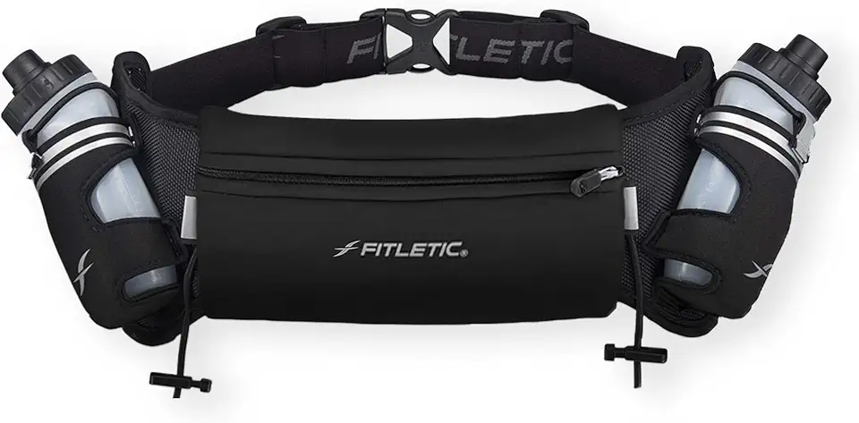 Fitletic Cinto de corrida de hidratação com garrafas de água para homens e mulheres – 2 garrafas de água corrente de fluxo rápido de 227 g, design patenteado sem salto, bolsa resistente à água para