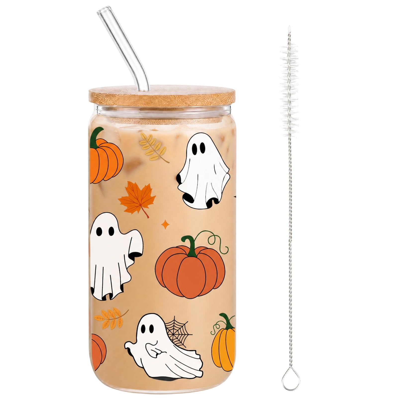 JoyAura Halloween Ghost Pumpkin 16oz Glass Tumbler Gifts for Women Men