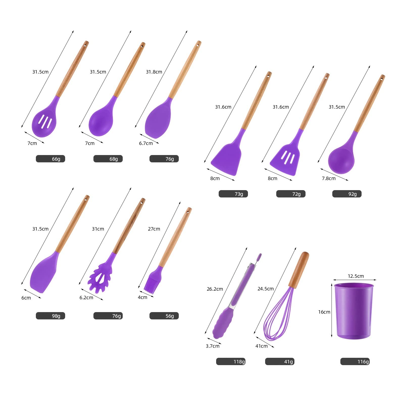 Kochutensilien-Set, Silikon, Küchenutensilien, antihaftbeschichtet, Kochutensilien, Holzgriff, Kochgeschirr, Backutensilien, Set, Violett, 12 Stück