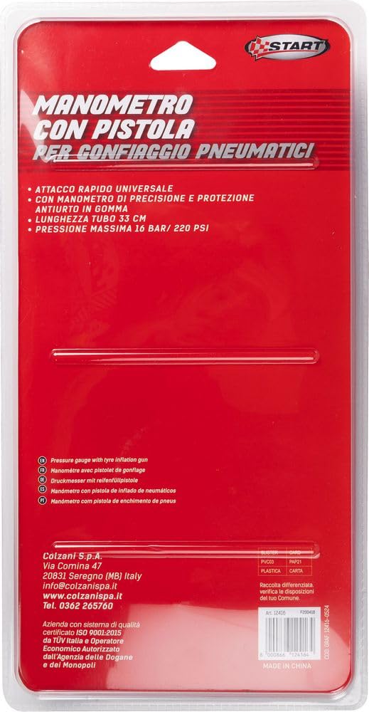 Start Manometro Con Pistola Per Gonfiaggio Pneumatici - Pressione Massima 16 Bar/220 PSI, Tubo Da 33 Cm E Attacco Rapido Universale