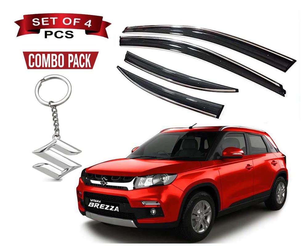 Chromeline Silverline Door Rain Visor Wind Deflector Compatible for Maruti Breeza Set of 4 Pieces with Logo Key Chain Ring