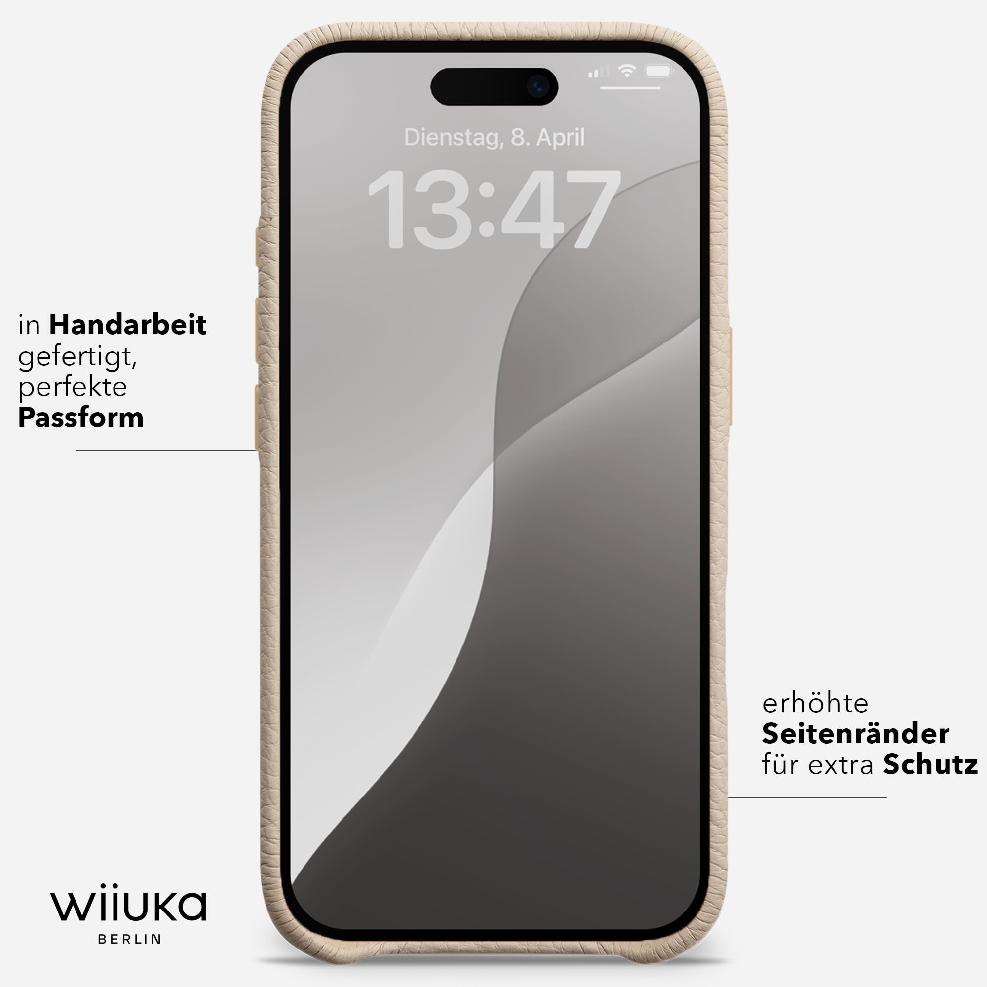 WIIUKA Funda para iPhone 17 Pro, piel de Alemania, funda de piel extra fina, funda premium para teléfono móvil, funda Qi, skiin, beige crema
