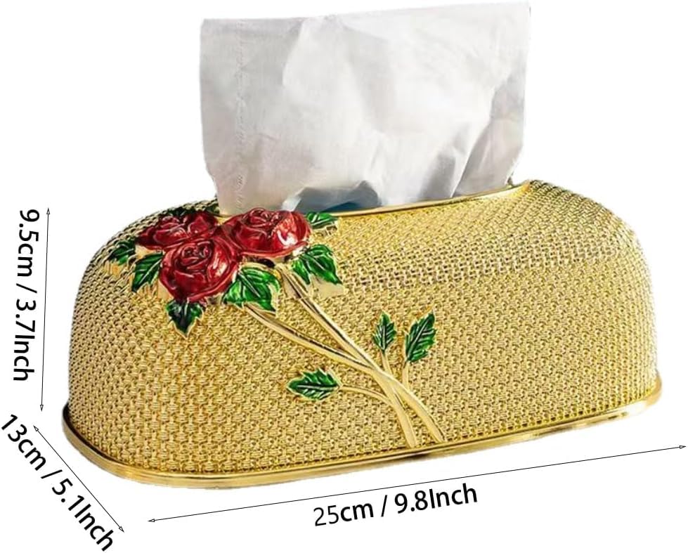 Image of Luxury Golden Tissue Box Cover with Red Rose Design Decorative Rhinestone Napkin Holder for Home Office Bathroom Car Elegant Gifting Idea for Weddings, Housewarmings (Gold)