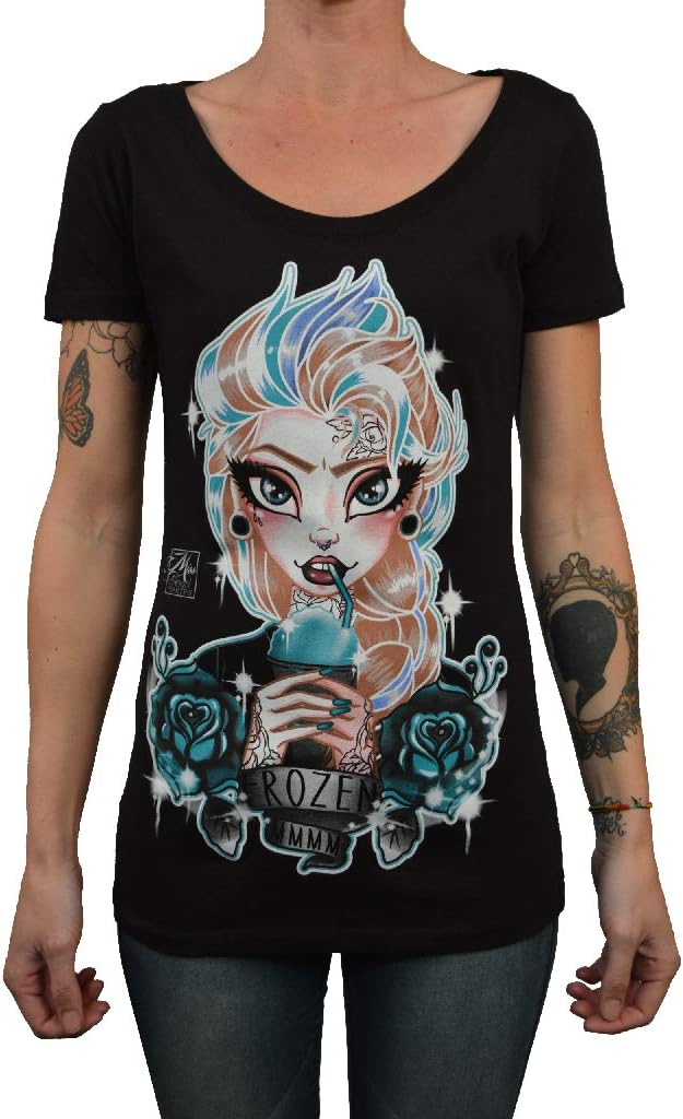 Women's Frozen by Miss Cherry Martini Elsa Princess Tattoo Art Black T-Shirt