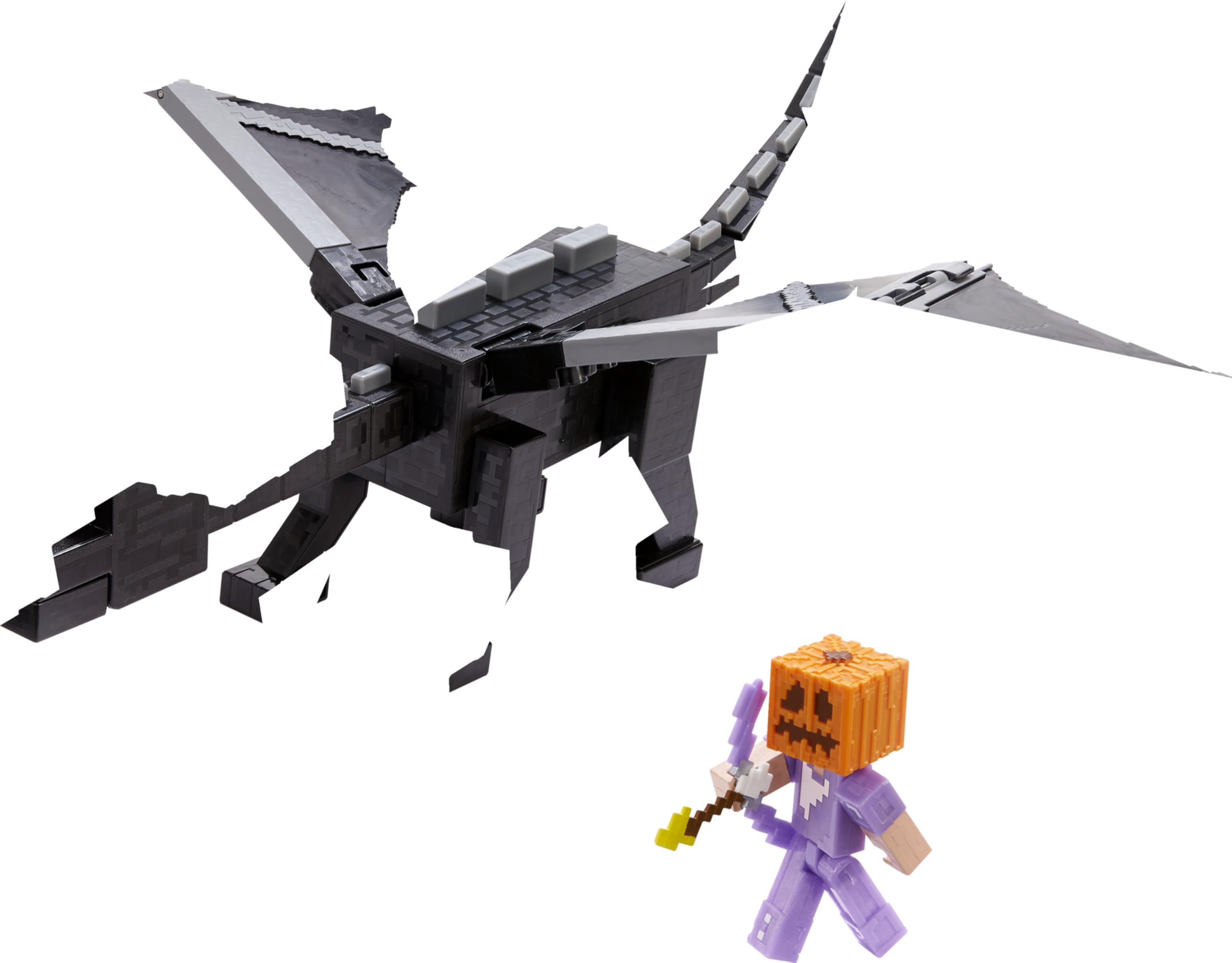 Mattel Minecraft Toys, action figure grande Ultimate Ender Dragon con accessori Steve e 4 da 8,3 cm, gioco con luci, suoni, nebbia e cambio di colore