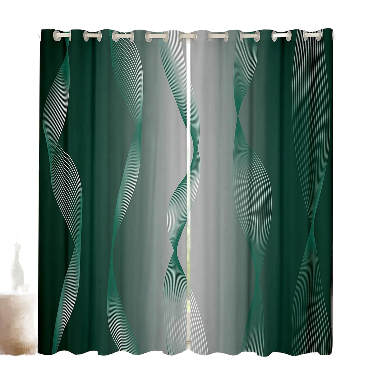 Homewish Gradient Green and Greyish White Blackout Curtains Ombre 2 Panels 66" Wx72 L Curtains & Drapes,Trippy Spiral Silver Wave Line Curtains,Abstract Art Room Decor Aesthetic