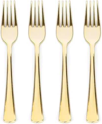 Prestee 100 tenedores de plástico dorados resistentes, tenedores de plástico dorado pesados, cubiertos de plástico de lujo, elegantes tenedores