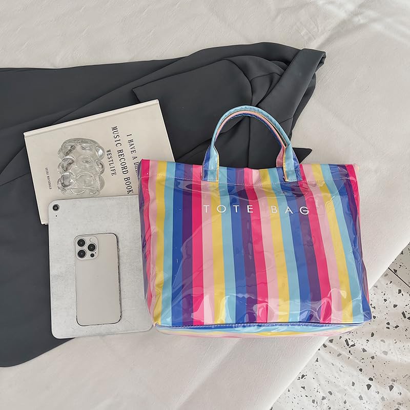 Image of Lushandy Striped PVC Tote Bag for Women, Checkered Plastic Tote Bag for Beach Pool Large Plaid Letters Print Hobo Handbag