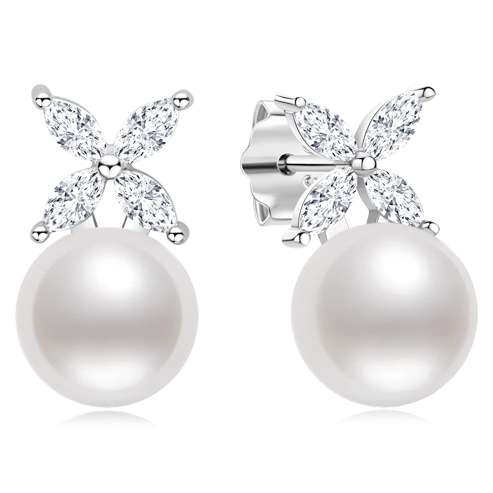 Pearl Stud Earrings for Women,Freshwater White Pearl with Sterling Silver Cubic Zirconia Stud Earrings Jewelry Gift for Her Hypoallergenic(Size:8mm)