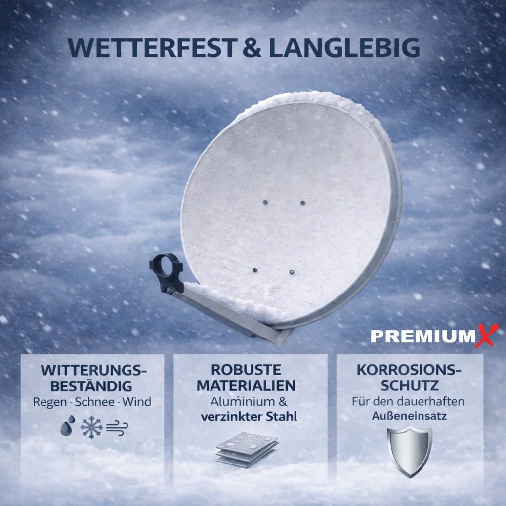 PremiumX Satelliten-Komplettanlage 80cm Satellitenschüssel Aluminium Hellgrau Twin LNB 4X F-Stecker, SAT bis 2 Teilnehmer