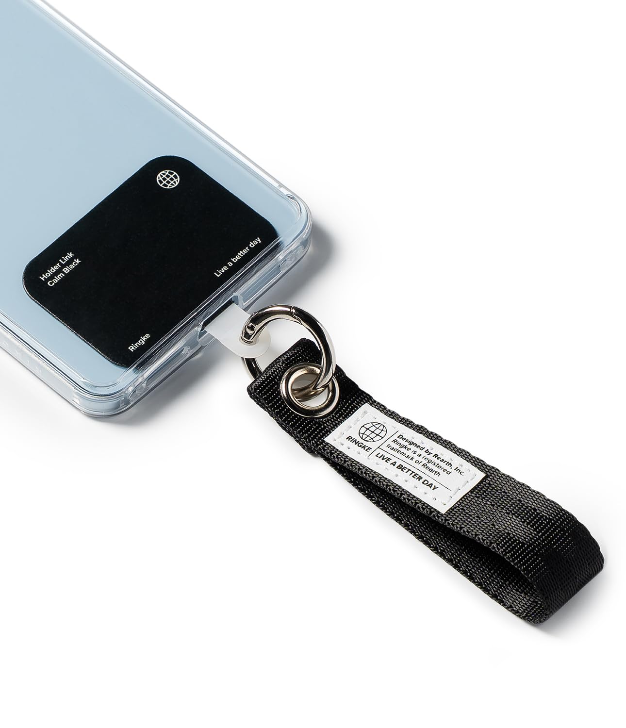 ringke holder link eyelet keyring, durable anti drop phone finger strap with patch and carabiner for iphone, galaxy, pixel phone case, airpods, buds, etc