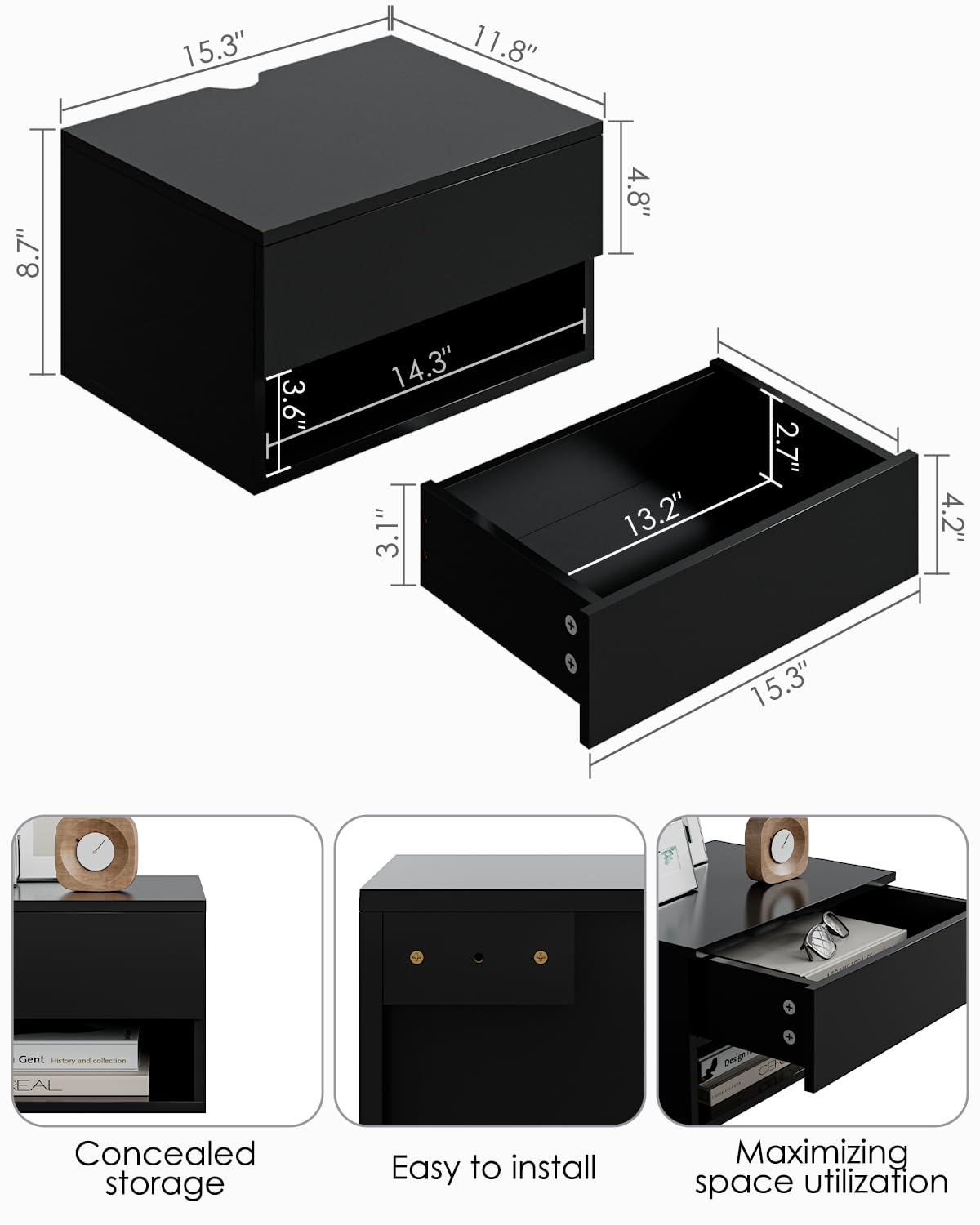 HEYZOEY Comodino galleggiante, tavolino moderno, comodino piccolo pensile con cassetto, mensole sospese per camera da letto, bagno, nero