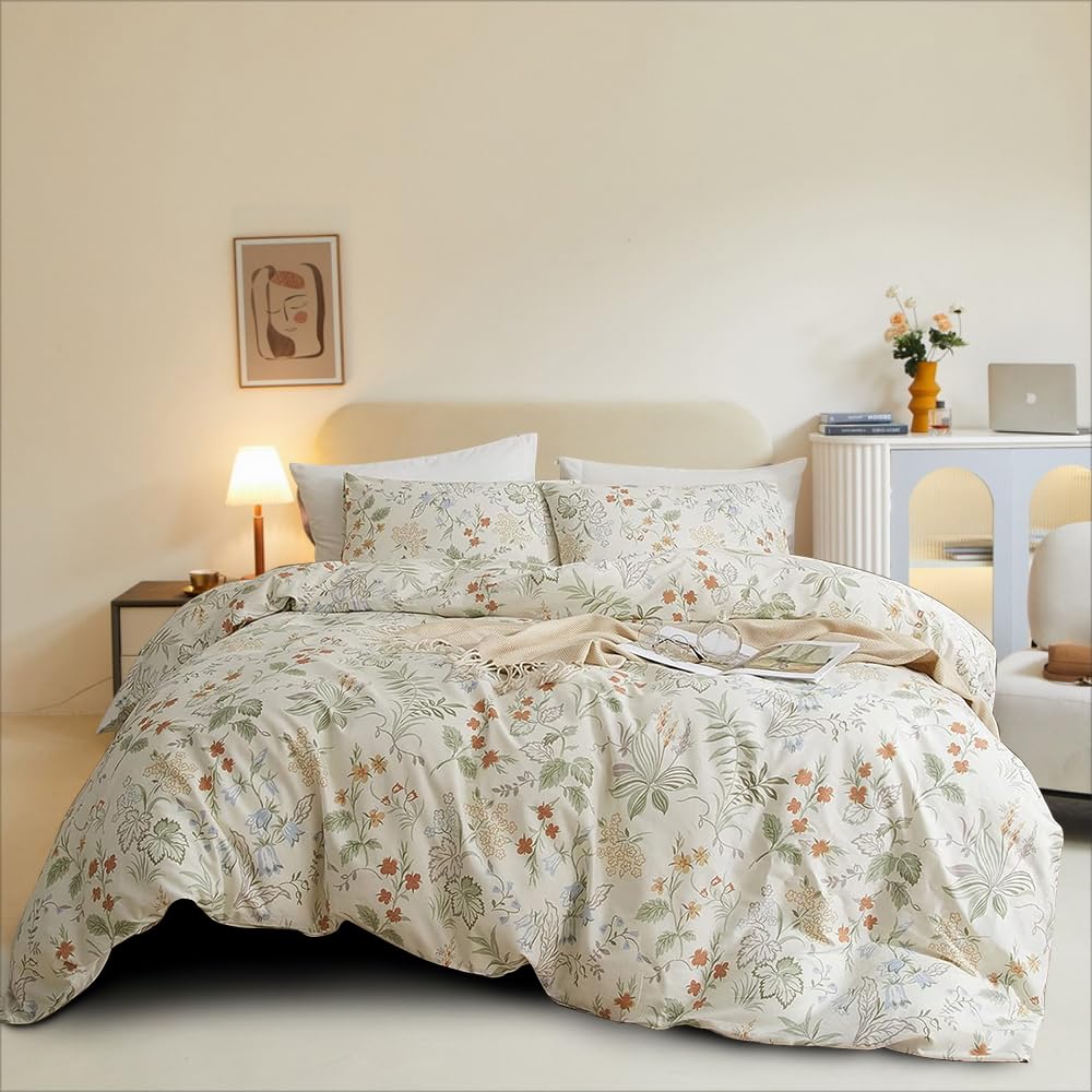 Freyamy - Funda nórdica de 220 x 240 cm, color beige y floral, juego de funda nórdica de 2 personas, 2 fundas de almohada de 65 x 65 cm, para niñas y mujeres
