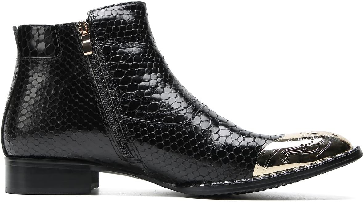 Santimon Mens Casual Dress Ankle Chelsea Boots - Fashion Genuine Leather Western Cowboy Boots with Buckle & Metal-Square Toe for Party, Punk Rock, Wedding & Ballroom