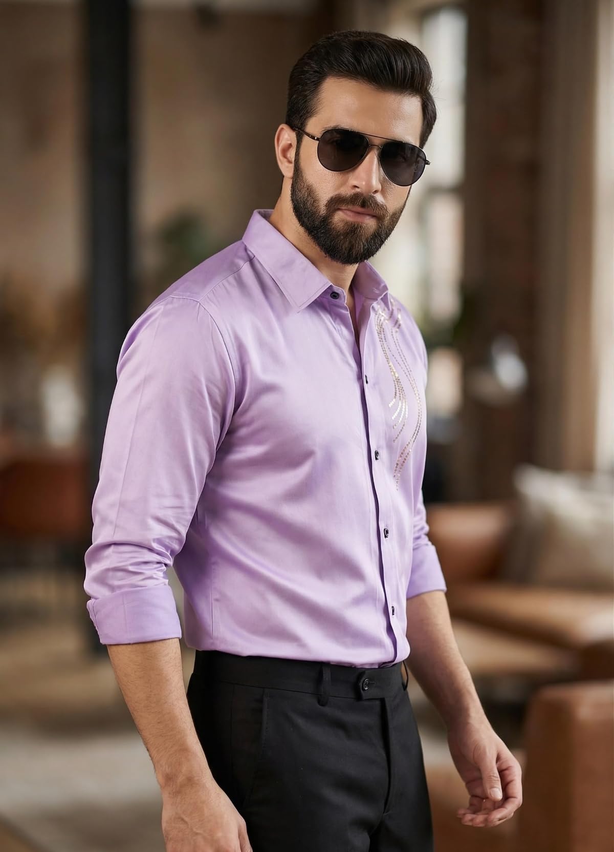 IndoPrimo Elegante camisa de satén para hombre, corte normal, estilo casual, estilo de diseñador, trabajo de piedra, fiesta, manga formal