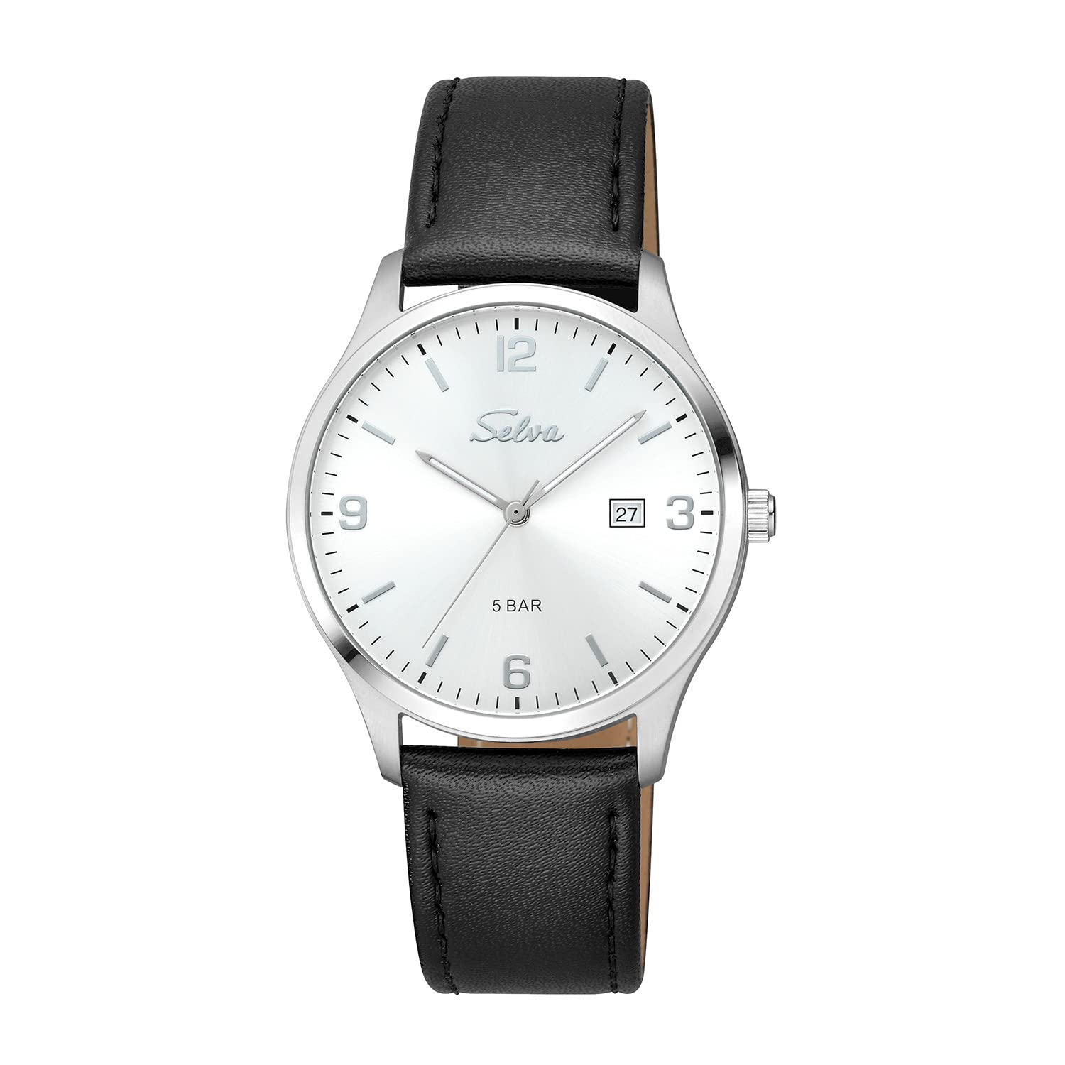 SELVA Orologio da uomo al quarzo, indice e numeri, cassa in acciaio inox, cinturino in pelle, fibbia ad ardiglione, 5 bar