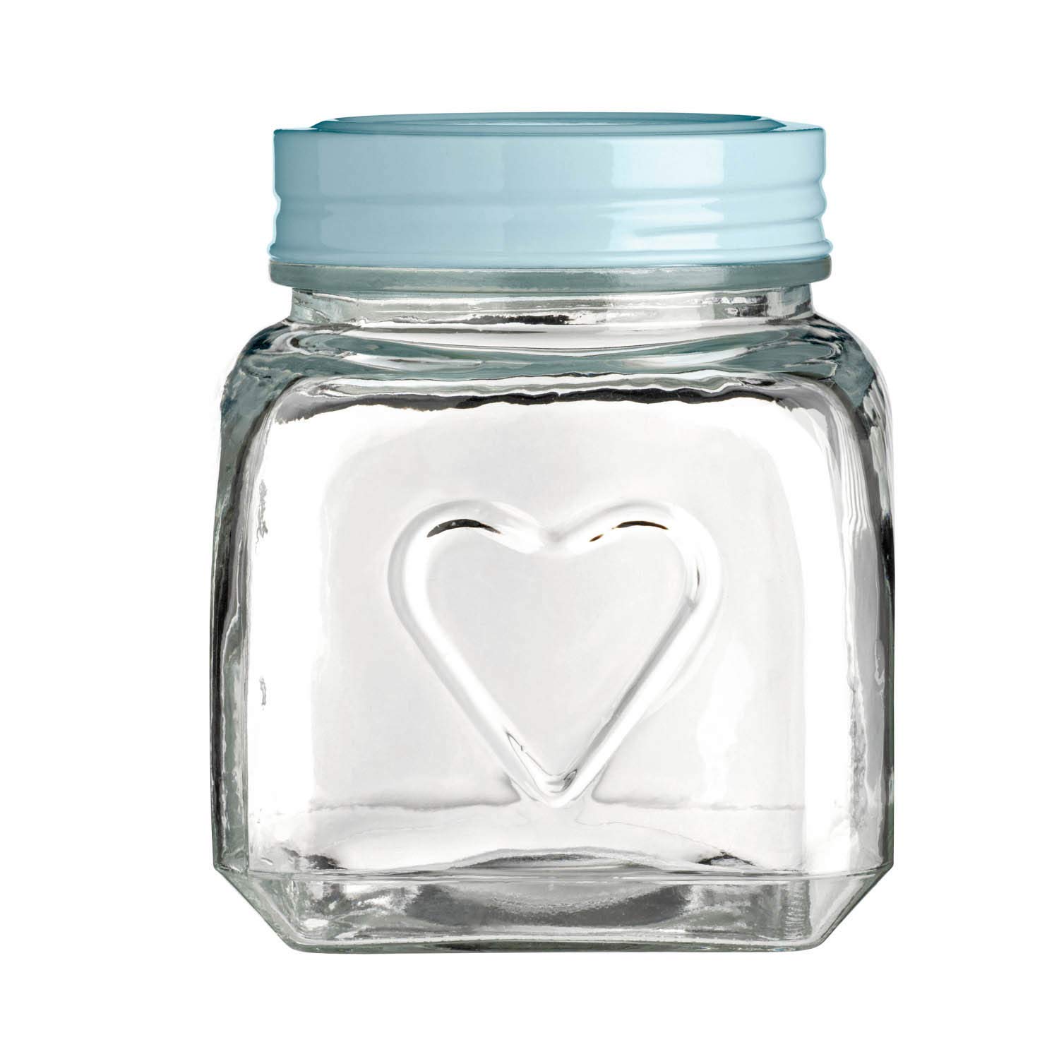 Premier Aqua Blue Housewares Stylish Embossed Heart 900Ml Glass Jar With Lid | Functional Glass Jar For Kitchen Storage | Airtight Lid Glass Jars For Storing Ingredients