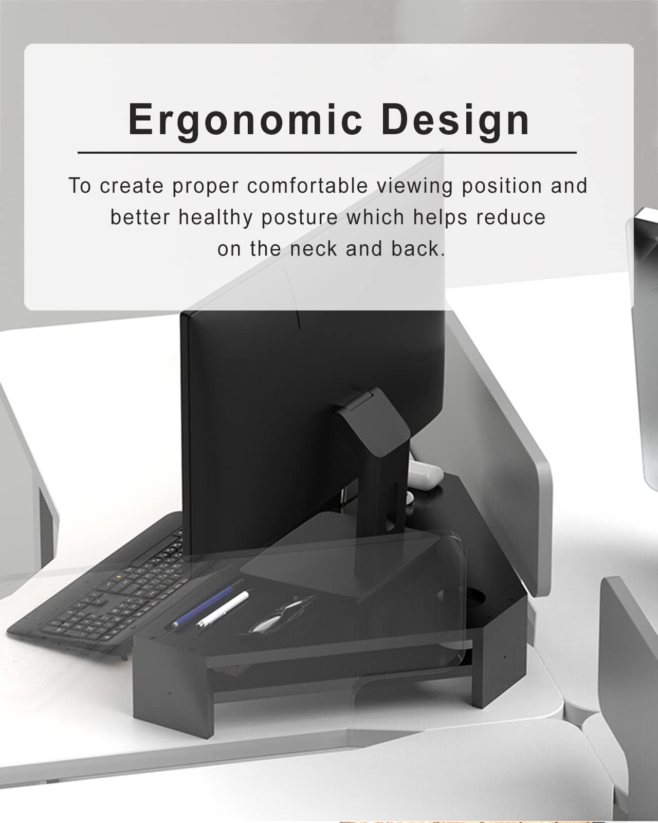 C'ESTBON Supporto Monitor Supporto per Monitor Angolare Ergonomico A Triangolo, Supporto per Monitor in Legno con Cassetto, Supporto per Monitor da Tavolo Ad Angolo per Scrivania A L