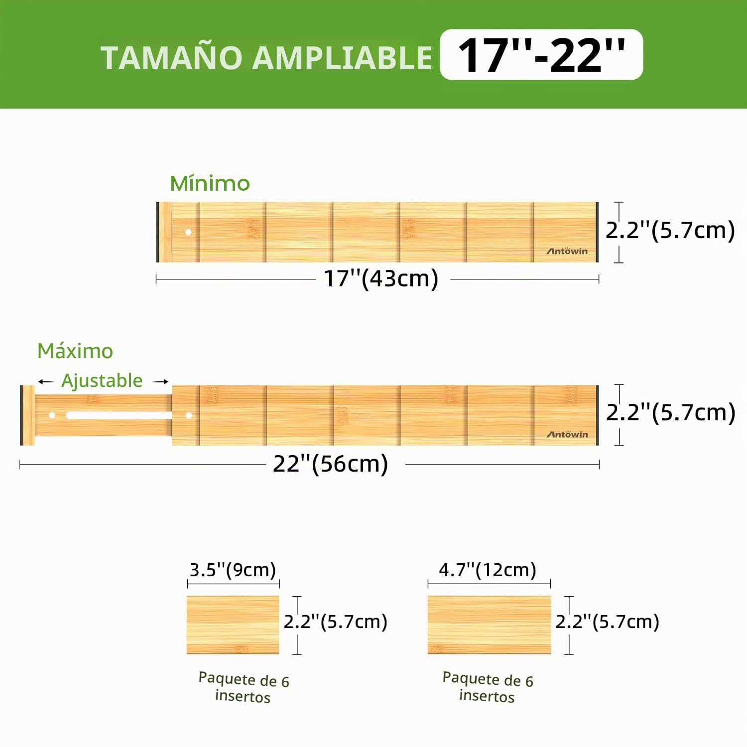 ANTOWIN Paquete de 4 separadores de cajones expandibles, 5,7 cm, se extiende de 43 cm a 56 cm, organizadores de cajones para cocina, dormitorio, oficina, baño (natural)