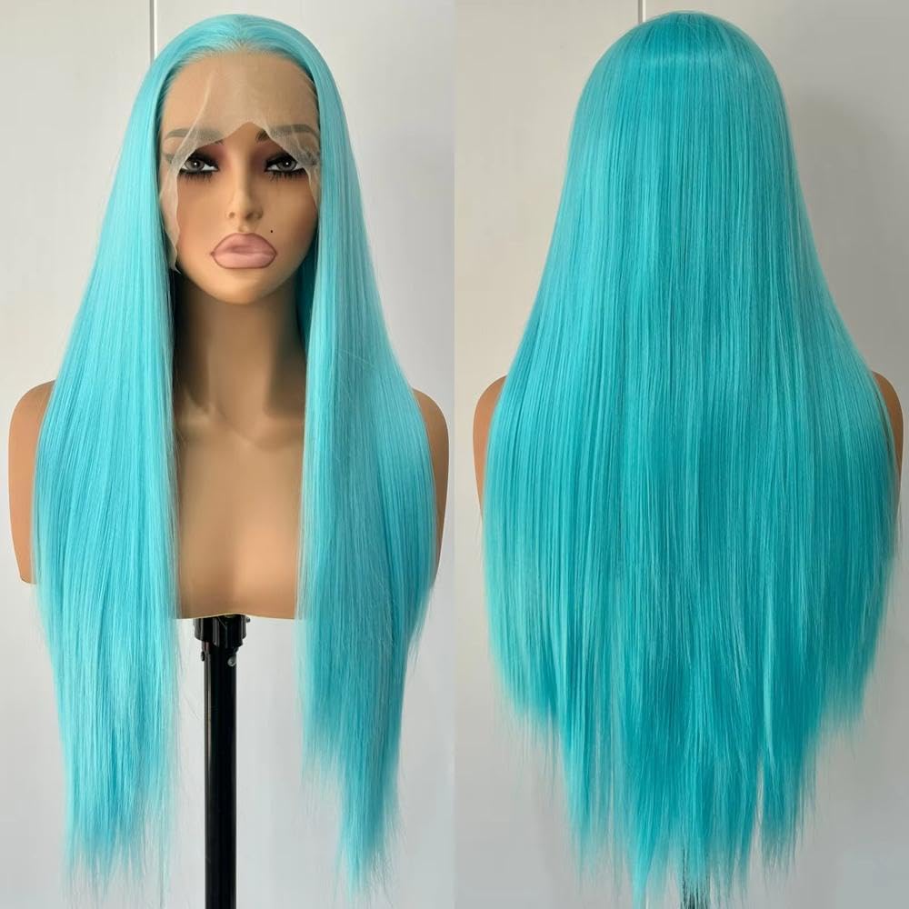 Haarpflege Hellblaue Lange Gerade Spitzenfront-Perücke Für Damen Ohne Kleber Bereit Für Tragen Für Cosplay-Partys
