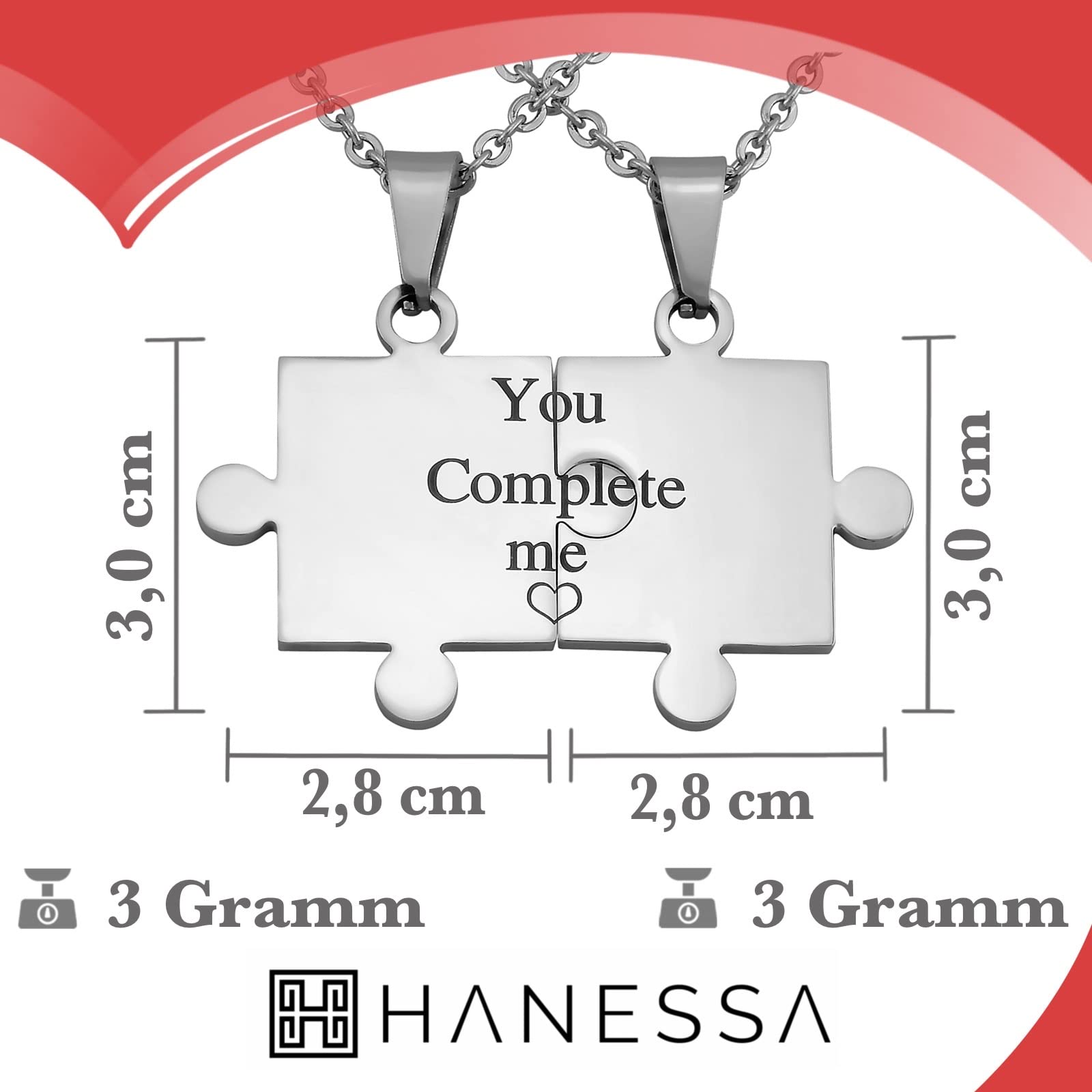 2 Stück Personalisierte Kette mit Gravur Edelstahl 50 cm mit Anhänger You complete me Puzzle Teil in silber - Personalisierte Geschenke für Damen Herren Freundin Freund - Partner Halskette