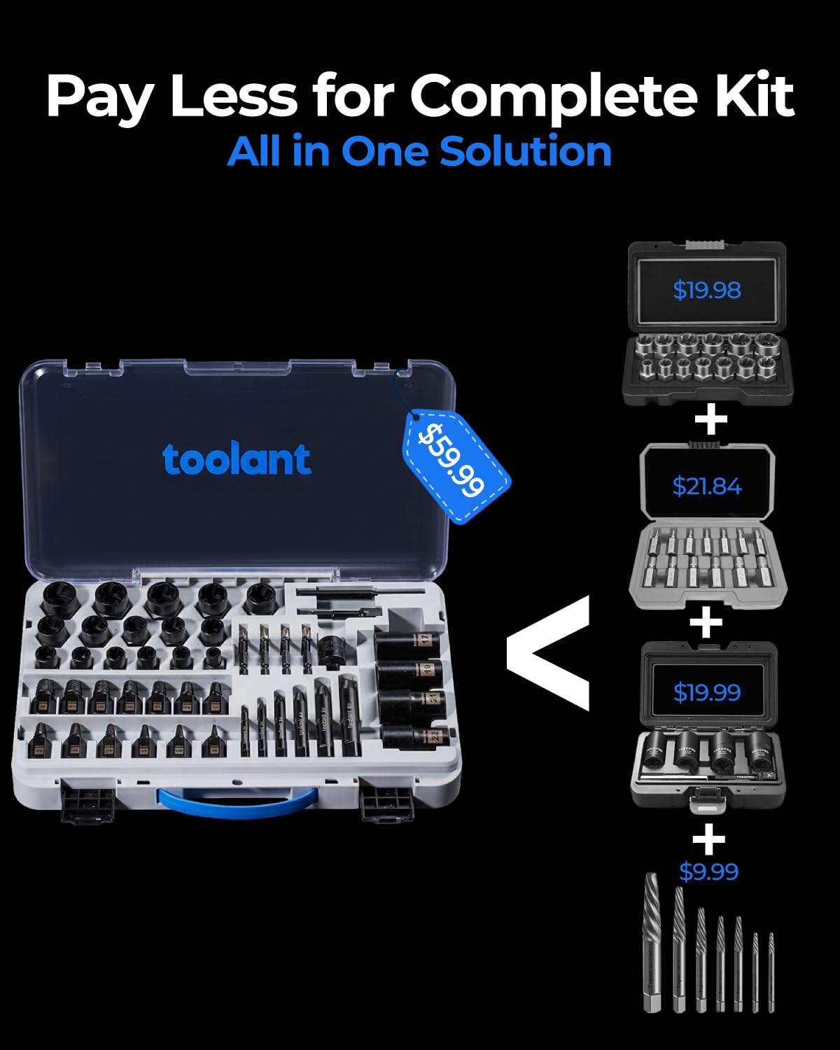 toolant Set di 46 estrattori per bulloni, set di estrattori per viti a percussione, strumento di rimozione del dado dell'ansa, set di estrattori per viti a mano, punta per cacciavite a croce