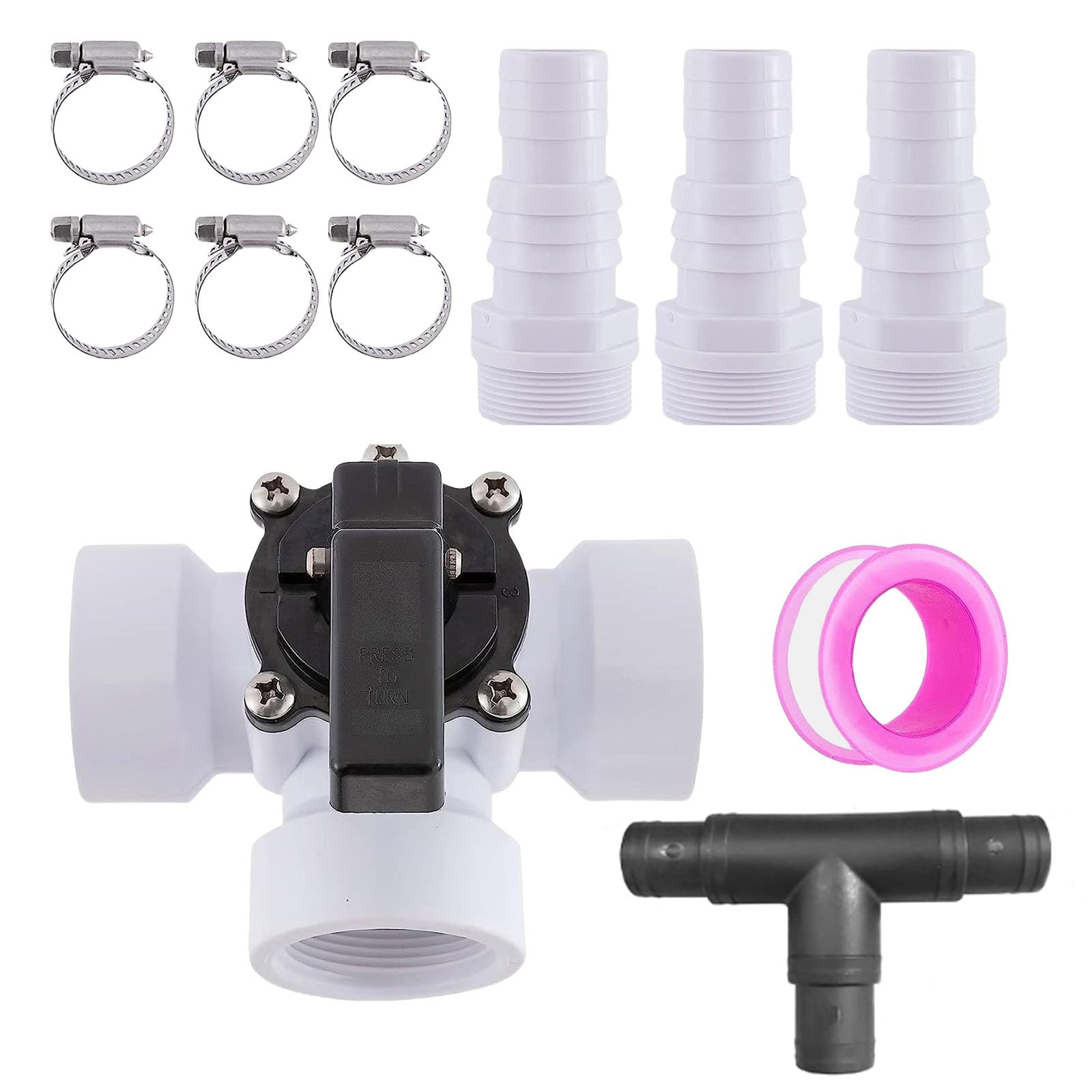 Nucelit 12pc Sand Filter Accessories with 3 Way Pool Bypass Valves ABS Adapters and 6 Metal Clamps Suitable for Pool Maintenance Hose Clamps