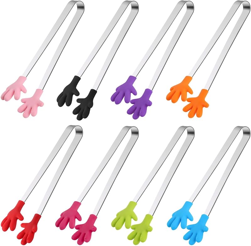 Mini pinzas, 8 pinzas de silicona para alimentos con forma de mano, 5 pulgadas | Pinzas pequeñas y coloridas para herramientas para dulces, aperitivos, patatas fritas, galletas, aperitivos, frutas, cubitos de hielo, fiestas, buffet y mesa de postres