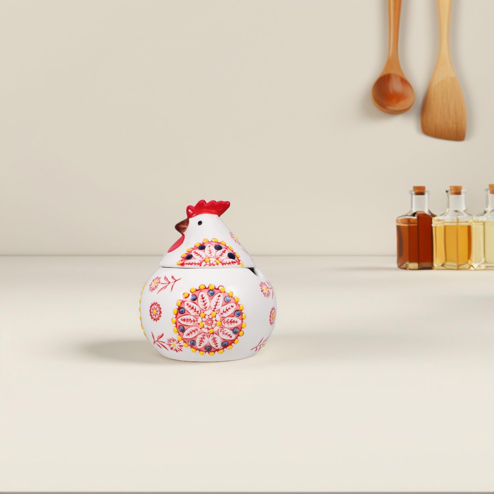 PATKAW Tarro de Cerámica con Forma de Gallina para Especias, con Tapa, Diseño Decorativo 3d con Flores, Resistente y Hermético para Cafés y Restaurantes en Pascua