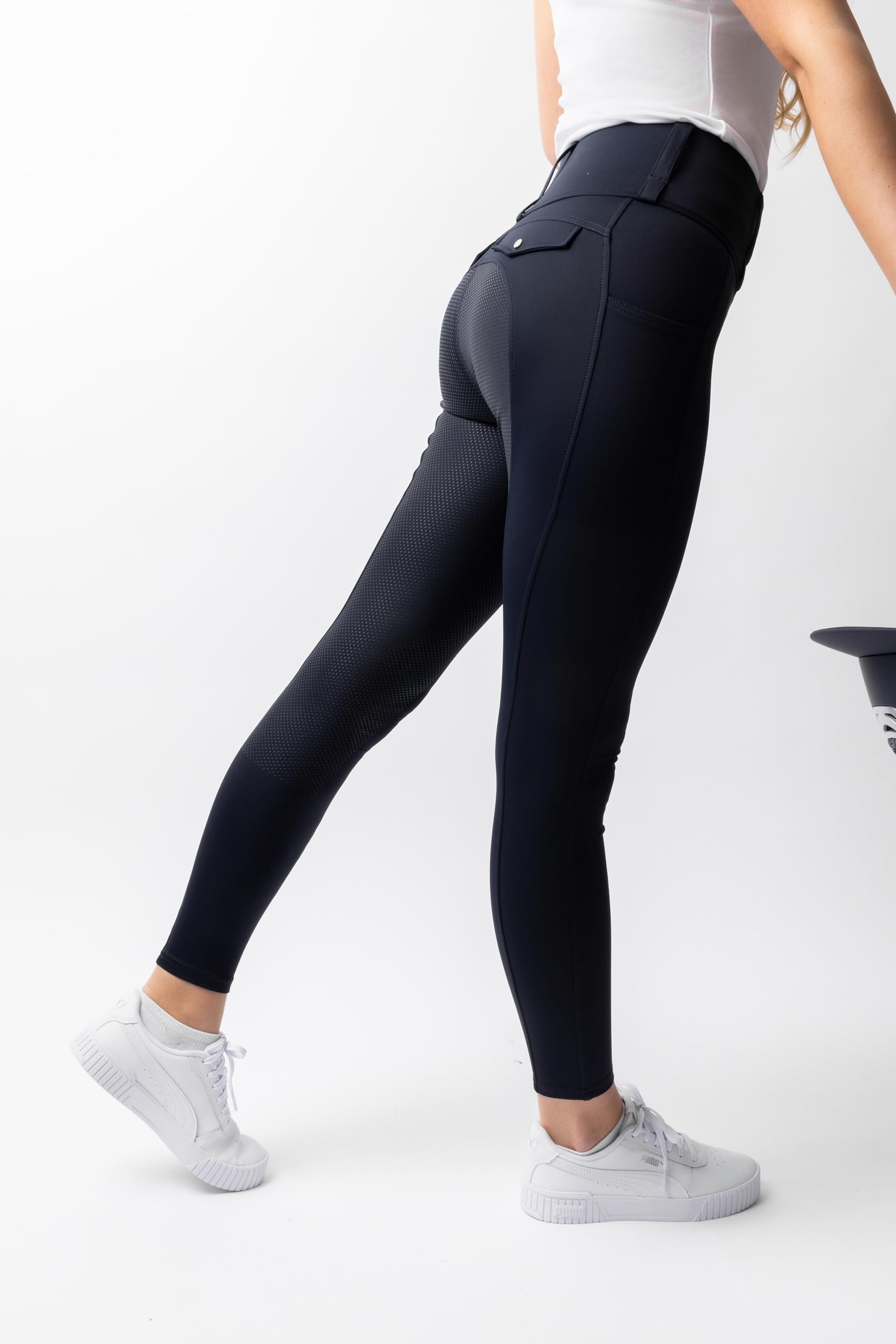 HORZE Damen Reitleggings Anya mit Vollbesatz – Atmungsaktive Reithose mit Silikon-Grip, Handytaschen & Gürtelschlaufen – Bequeme & Pflegeleichte Reitleggings für Training & Alltag, blau, 40