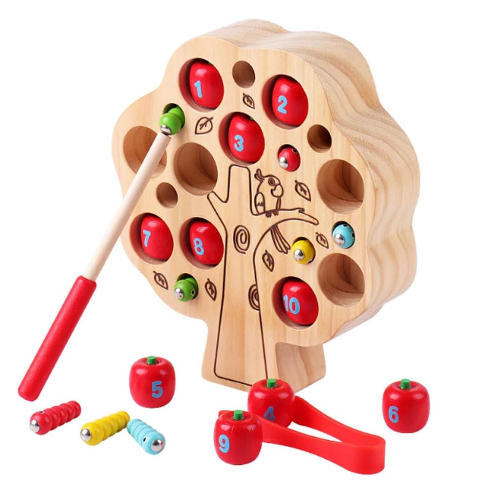 Montessori Holzmagnetspiel Apfelbaum Fängt den Wurm | Kleinkind-Feinmotorik-Trainingsspielzeug mit Zange und Magnetstab, 1-10 Zahlenzähl- und Zuordnungsspielzeug