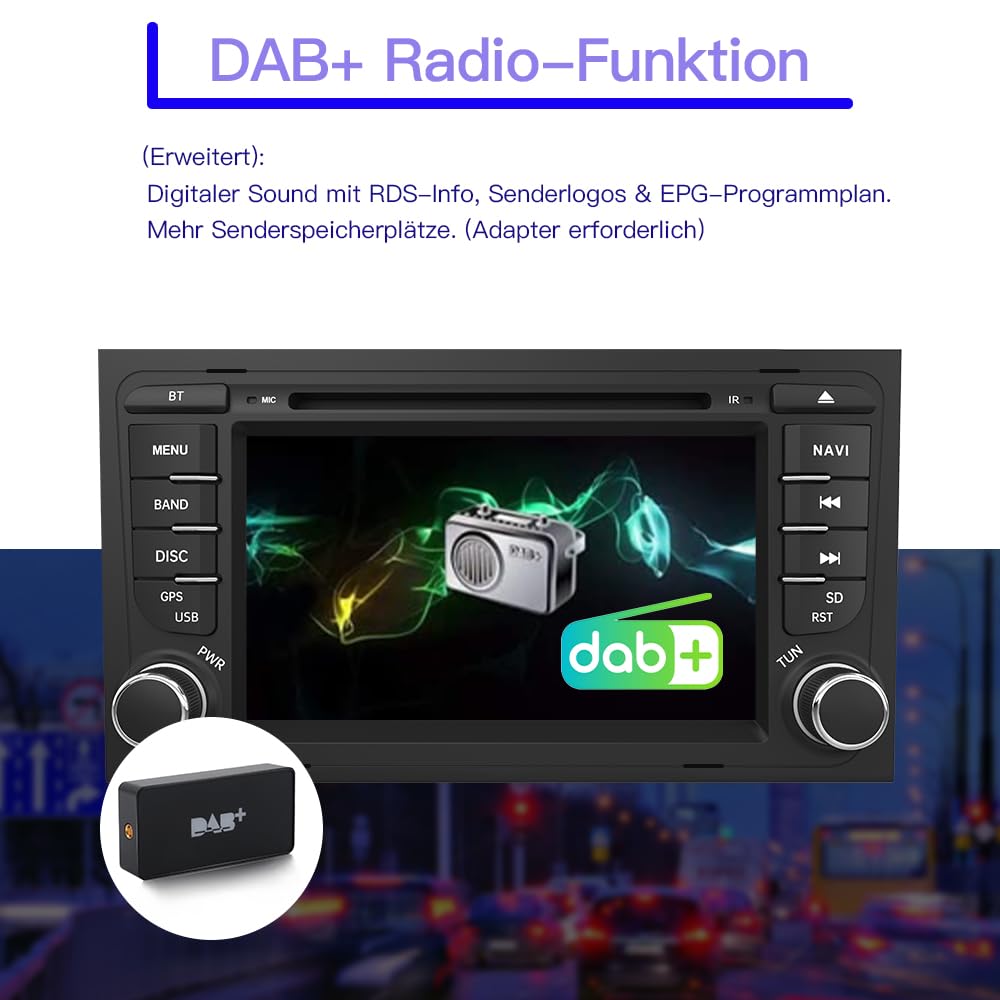 Junsun 2-DIN Autoradio für Audi A3/S3/RS3 2003–2012, 7 Zoll Touchscreen mit CD/DVD-Laufwerk, Lenkradsteuerung, MirrorLink, USB, Bluetooth, FM/AM Radio