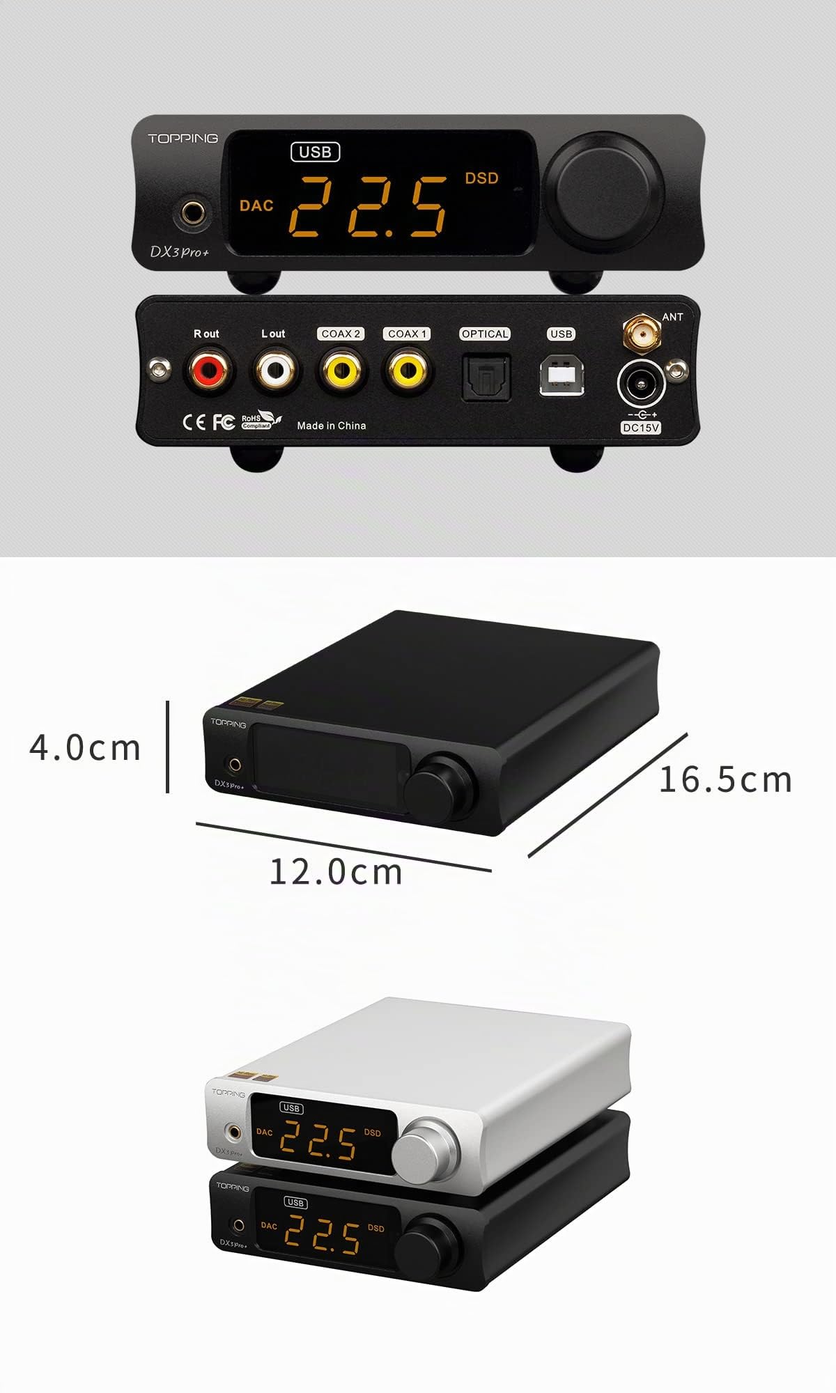 Topping DX3 Pro + Bluetooth 5.0 Kopfhörerverstärker LDAC Audio Decoder DSD512 DAC Geräuscharmer Verstärker für Zuhause und Computer, Schwarz