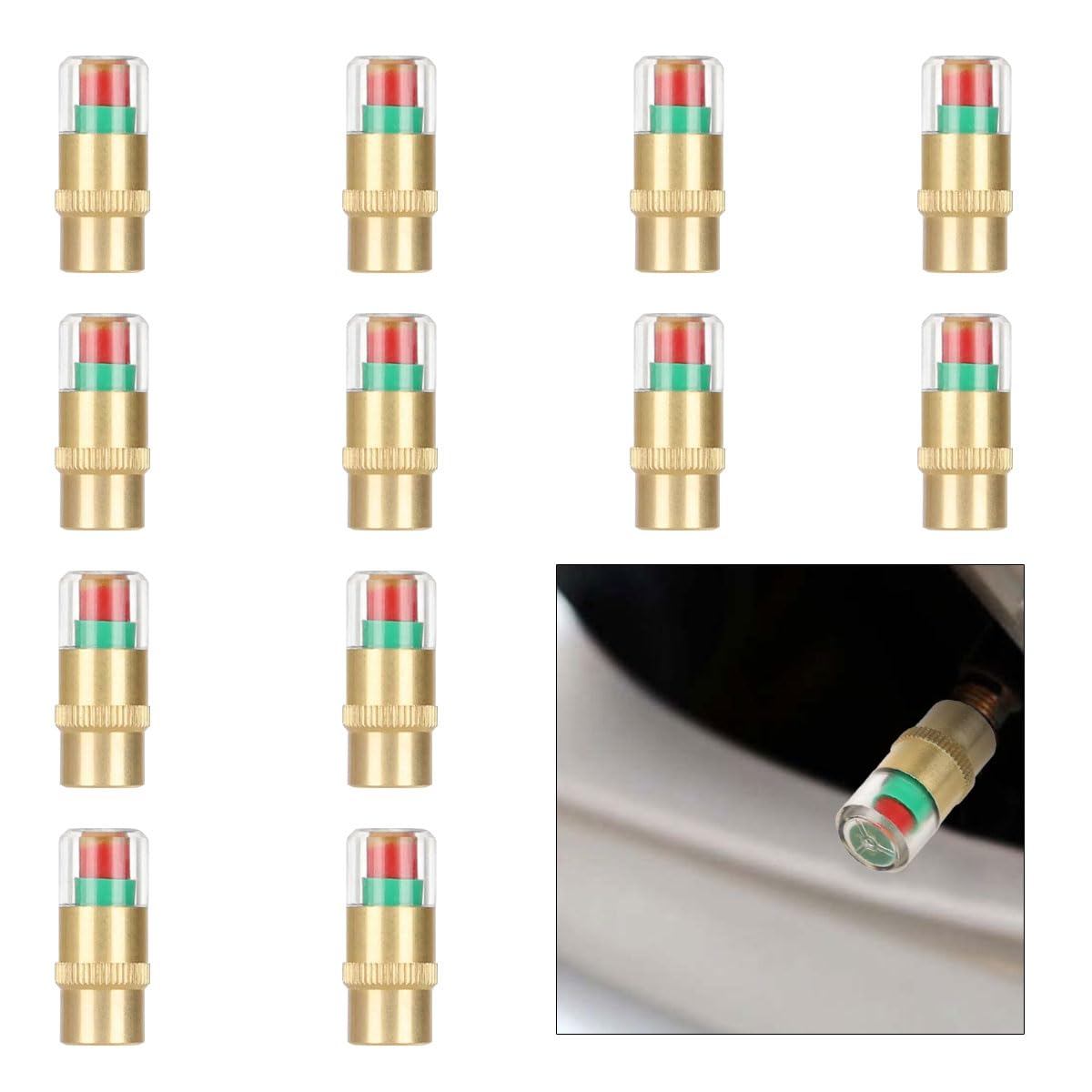 Lot de 12 bouchons de valve de surveillance de la pression des pneus de voiture, 3 couleurs, bouchons de valve d'alerte oculaire avec indicateur de capteur, 2,4 bar 36 PSI pour voitures, SUV, camions