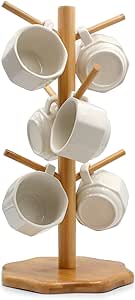 Mug Tree, Coffee Mug Tree, Bamboo Countertop Mug Tree Stand, Coffee Mug Holder Tree for Counter Stand with 6 Hooks, Octagon Base Coffee Cup Tree, Removable Mug Stands