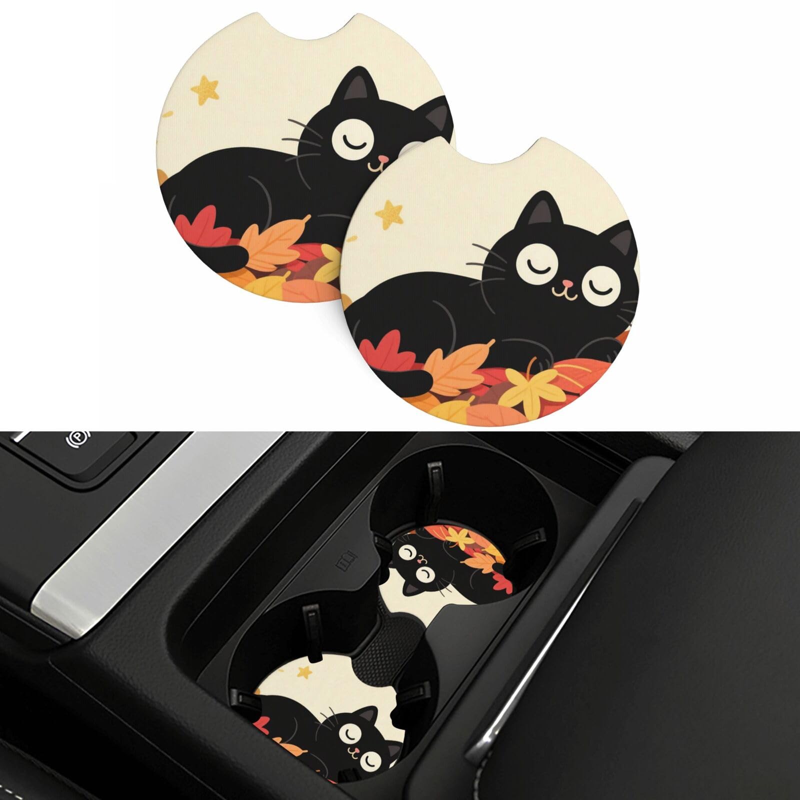 2 Pack Car Coasters,2.7" Universal Car Cup Holder Coasters Non-Slip Neoprene Cup Pad Mat Coaster Car Interior Accessories for Women Men Cute Black Cat Leaf