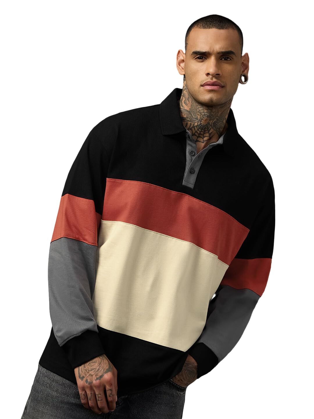 the souled store Oversized Rugby Polo: Clover Men and Boys Long Sleeve Spread Collar Black Colour-Block Cotton Oversized Fit Heavy Gauge Fabric Streetwear Casual All-Season Polos-picture-26