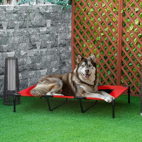 PawHut Hundeliege Outdoor, Erhöhtes Hundebett für Groß Hunde, Kühlende Haustierliege mit Waschbares Mesh robuster Metallrahmen, Haustierbett für Reisen Garten Outdoor, 122 x 92 x 23 cm, Rot