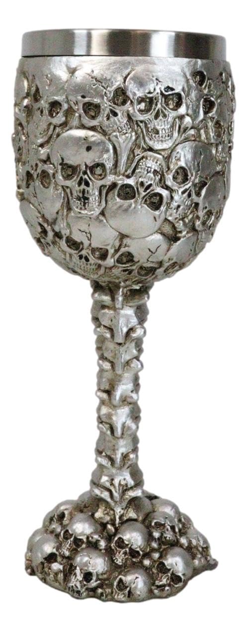 Ebros Gun Metal Silver Ossuary Skull Heaps Graveyard of Lost Souls Wine Goblet Chalice 8oz Drink Beverage Cup Of Silent Hill Ghost Skulls Skeleton Bones And Spines Collectible Chalice
