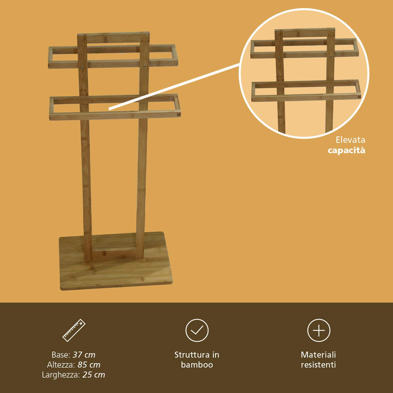 Porta Asciugamani Da Terra In Bambù - 85 Cm Di Altezza, Design Naturale - Foto 11