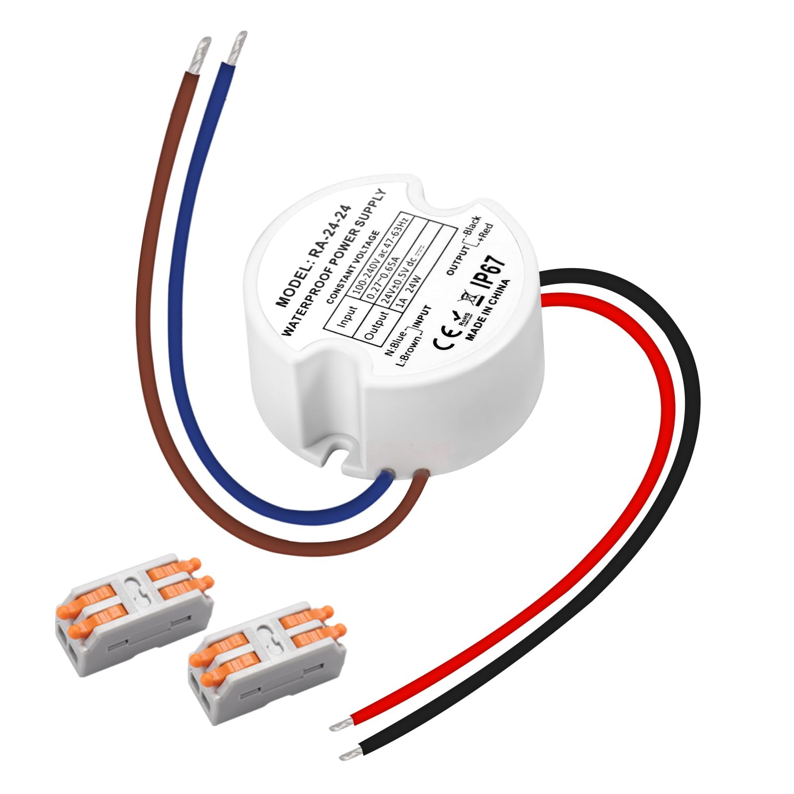 Muzveik LED Trafo 24V 24W 1A, Wasserdicht IP67 Transformator 230V auf 24V Rund Ø48mm, LED Netzteil mit 2 Steckverbindern für Innen- und Außenbereich