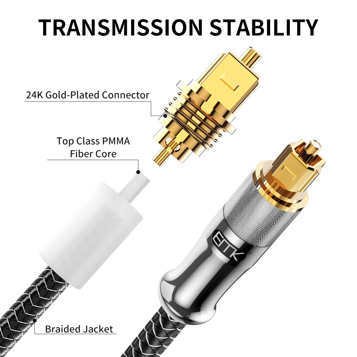 Optical Cable EMK 24K Gold-Plated Optical Audio Cable Digital Toslink Cable Spdif Cable Compatible with TV, Soundbar, Home Theater, Xbox, PS4, and More (6 Feet/2M, 24K Gold-Plated, Silver1) - 4