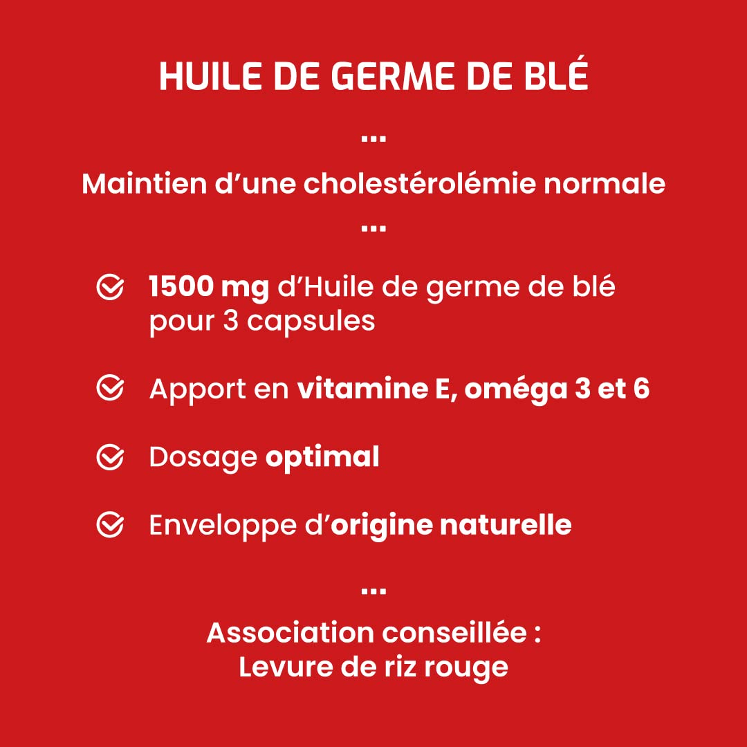 Complément alimentaire HUILE DE GERME DE BLÉ - 60 capsules - Maintient un taux normal de cholestérol - Antioxydant - Développé en France