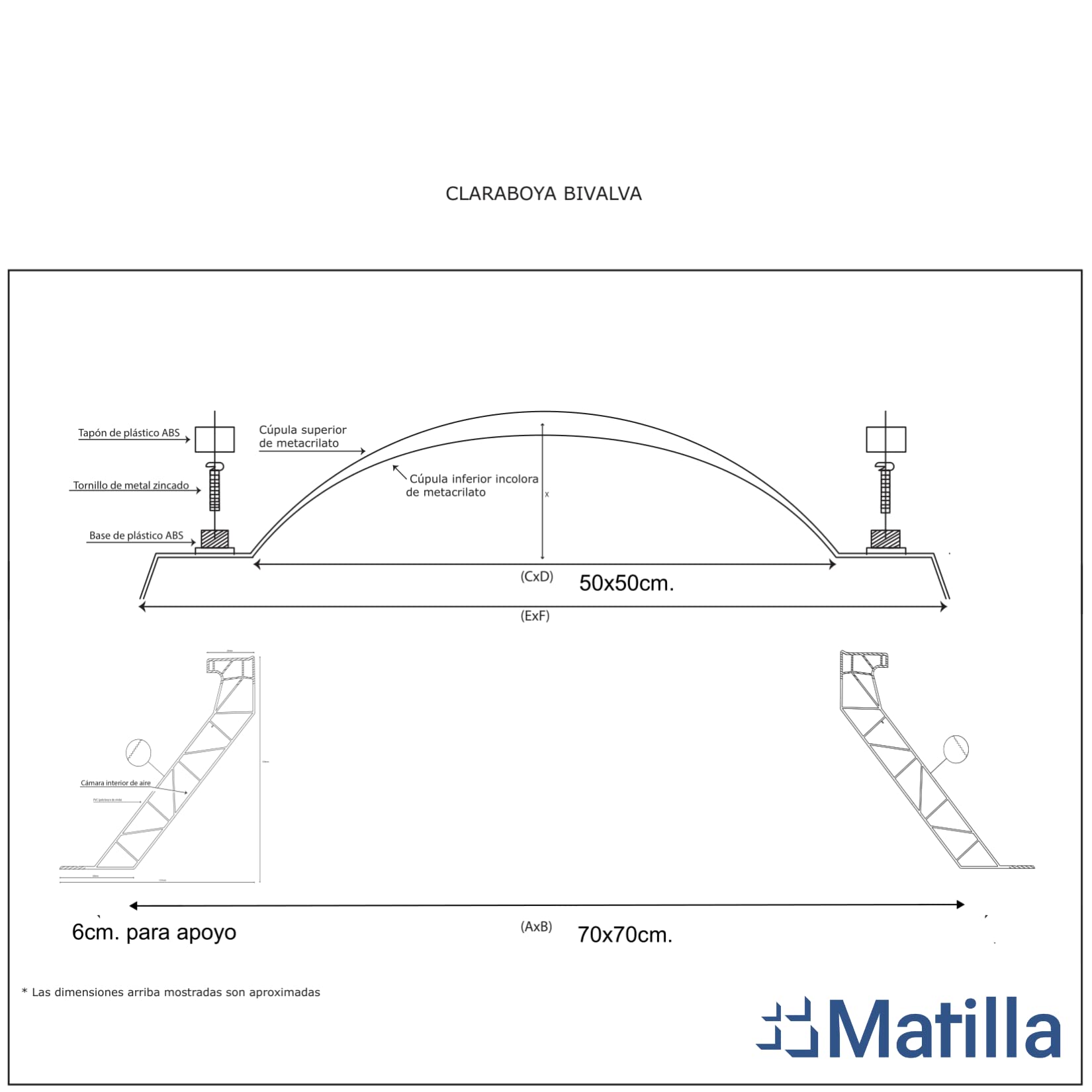 Matilla - Claraboya Telescópica Bivalva Cuadrada con Zócalo - Luz natural (70x70cm, Incolora)