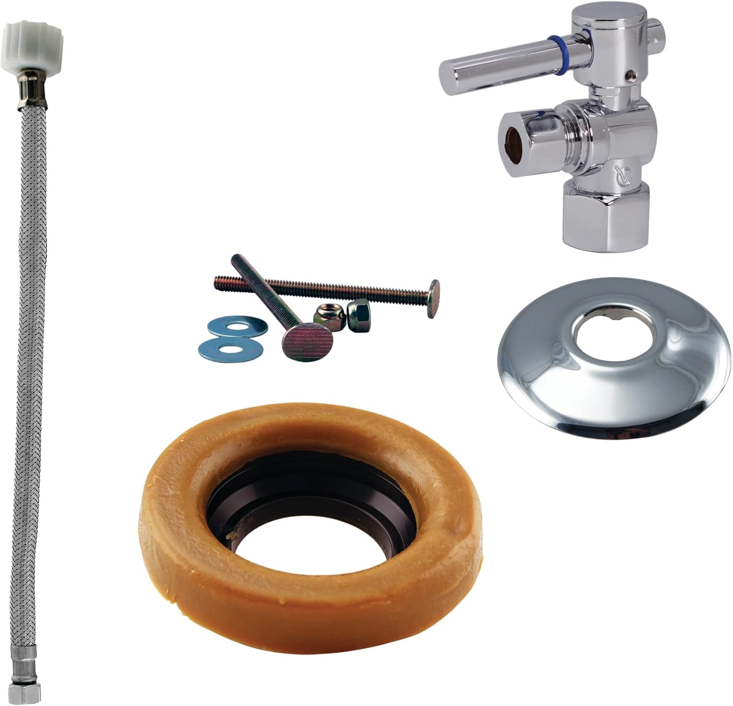Westbrass D1613TBL-26 IPS 1/2" Lever Handle Angle Stop Toilet Installation Kit with Steel Supply Line, Wax Ring and Flange, 1-Pack, Polished Chrome