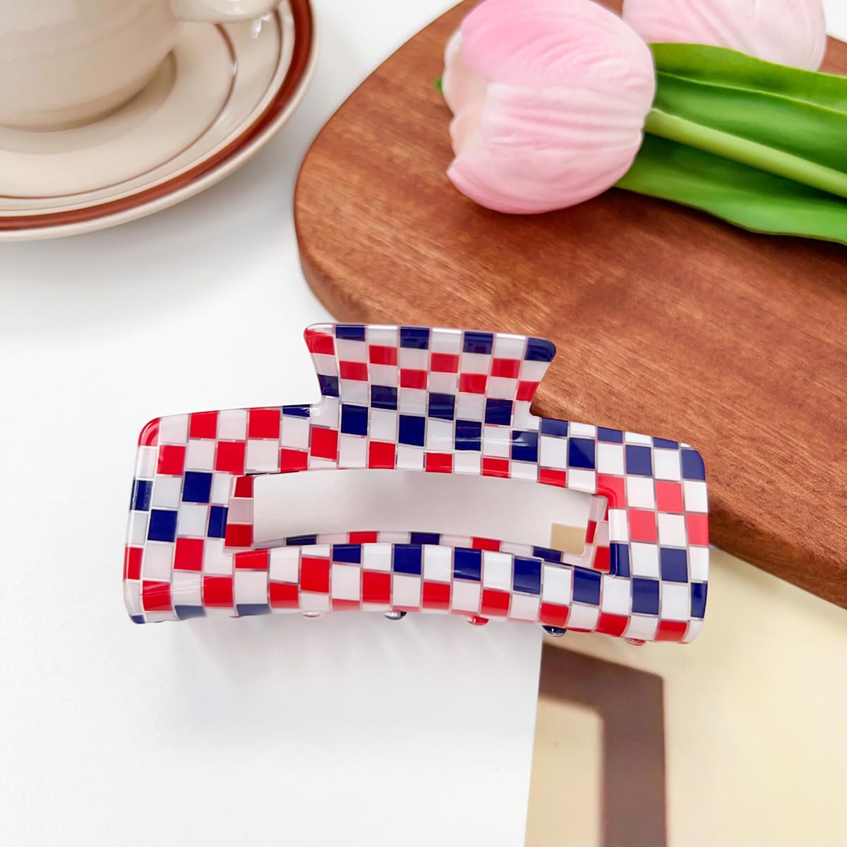 Pinzas de pelo a cuadros para mujeres y niñas, pinzas grandes de moda de 4 pulgadas para peinar, pinzas de garra para el cabello grueso, retro, forma rectangular (paquete de 3)