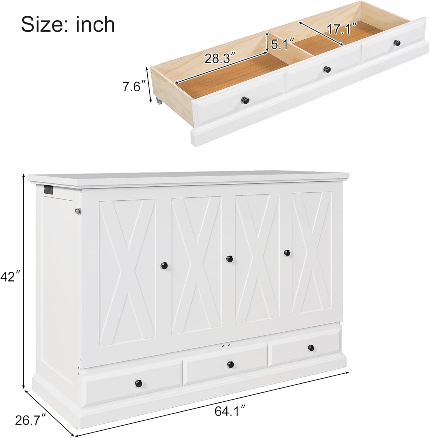 Diagram illustrating key features: solid LVL slats supporting 500 lbs for Queen size, ideal 6-inch tri-fold mattress height, integrated charge station, and ampد ذخیره کولو ځای.
